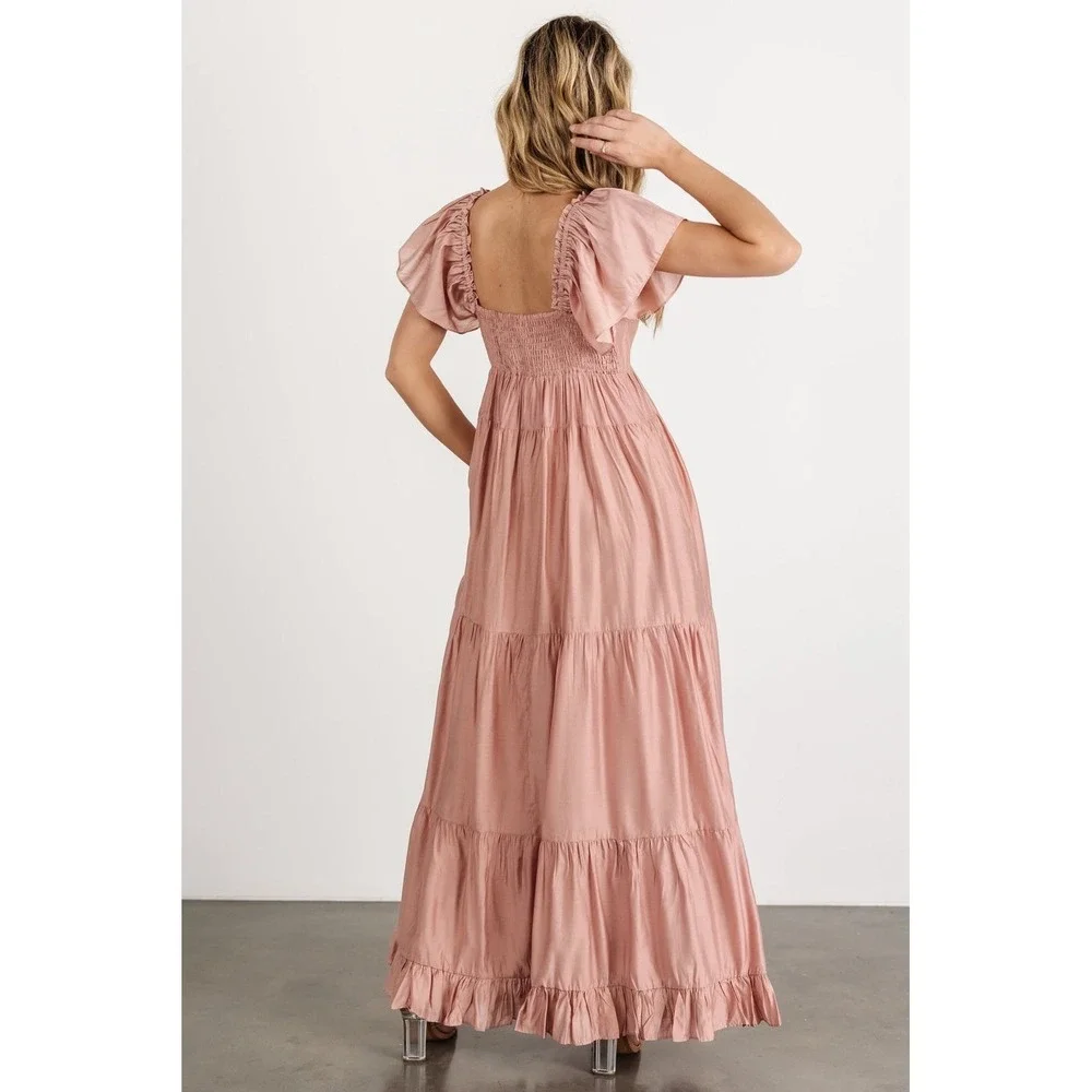 NWT BALTIC BORN Agatha Maxi Dress Womens Small Mauve Tie Front Smocked Tiered - Picture 2 of 6